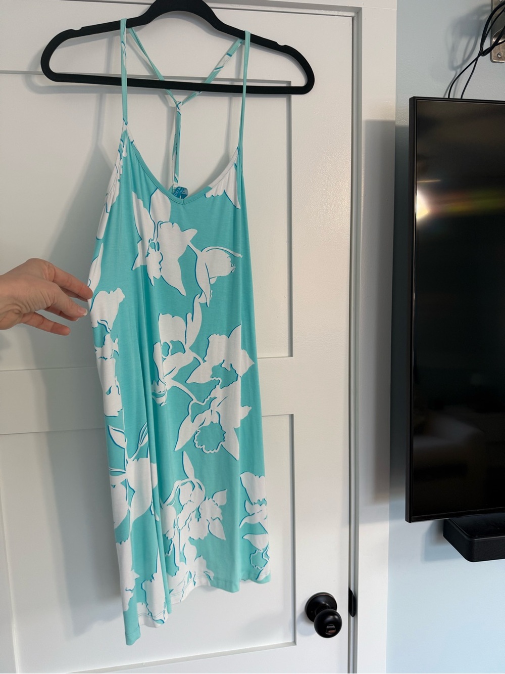 Tori Richard Turquoise Floral Slip Dress with White Blooms